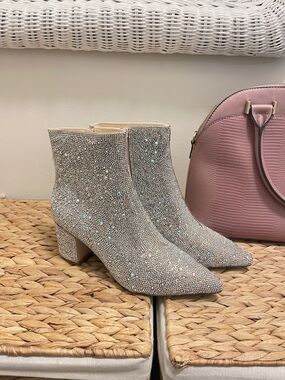 Betsey Johnson Crystal Embellished Silver Sparkle Ankle Boots